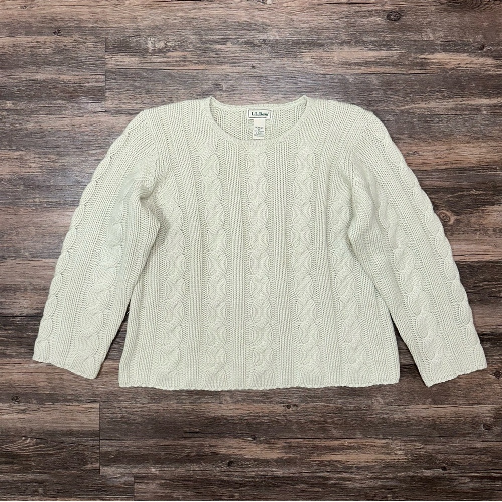 L.L. Bean 100% Cashmere Cable-Knit Fisherman Light Green Sweater Women Large L